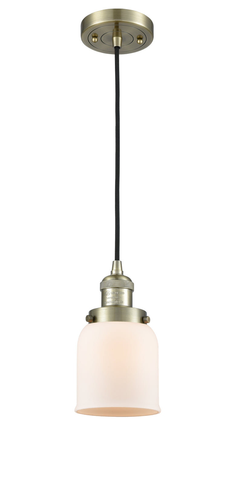 Innovations Lighting Small Bell 1-100 watt 5 inch Antique Brass Mini Pendant with Matte White Cased glass 201CABG51