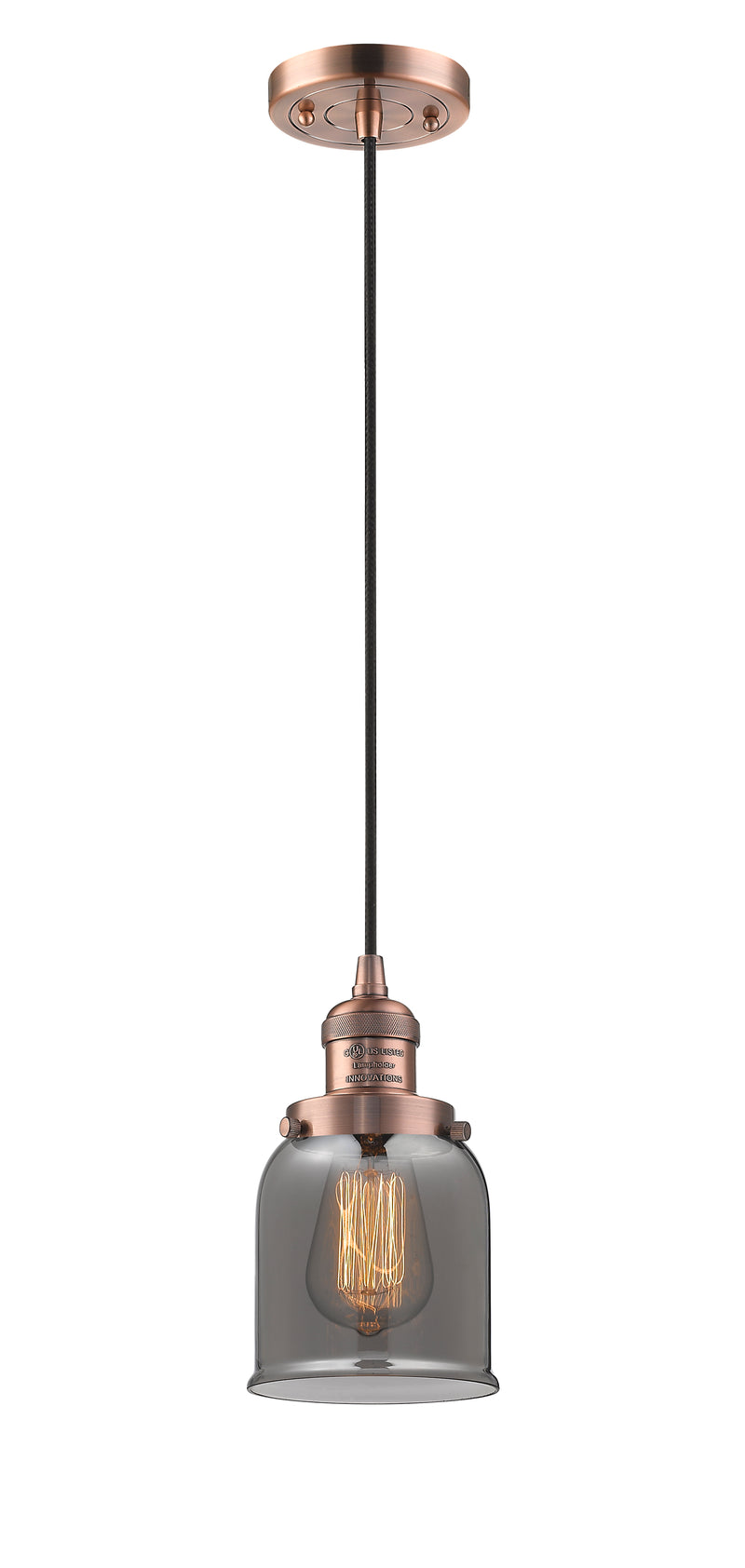Innovations Lighting Small Bell 1-100 watt 6 inch Antique Copper Mini Pendant with Smoked glass 201CACG53