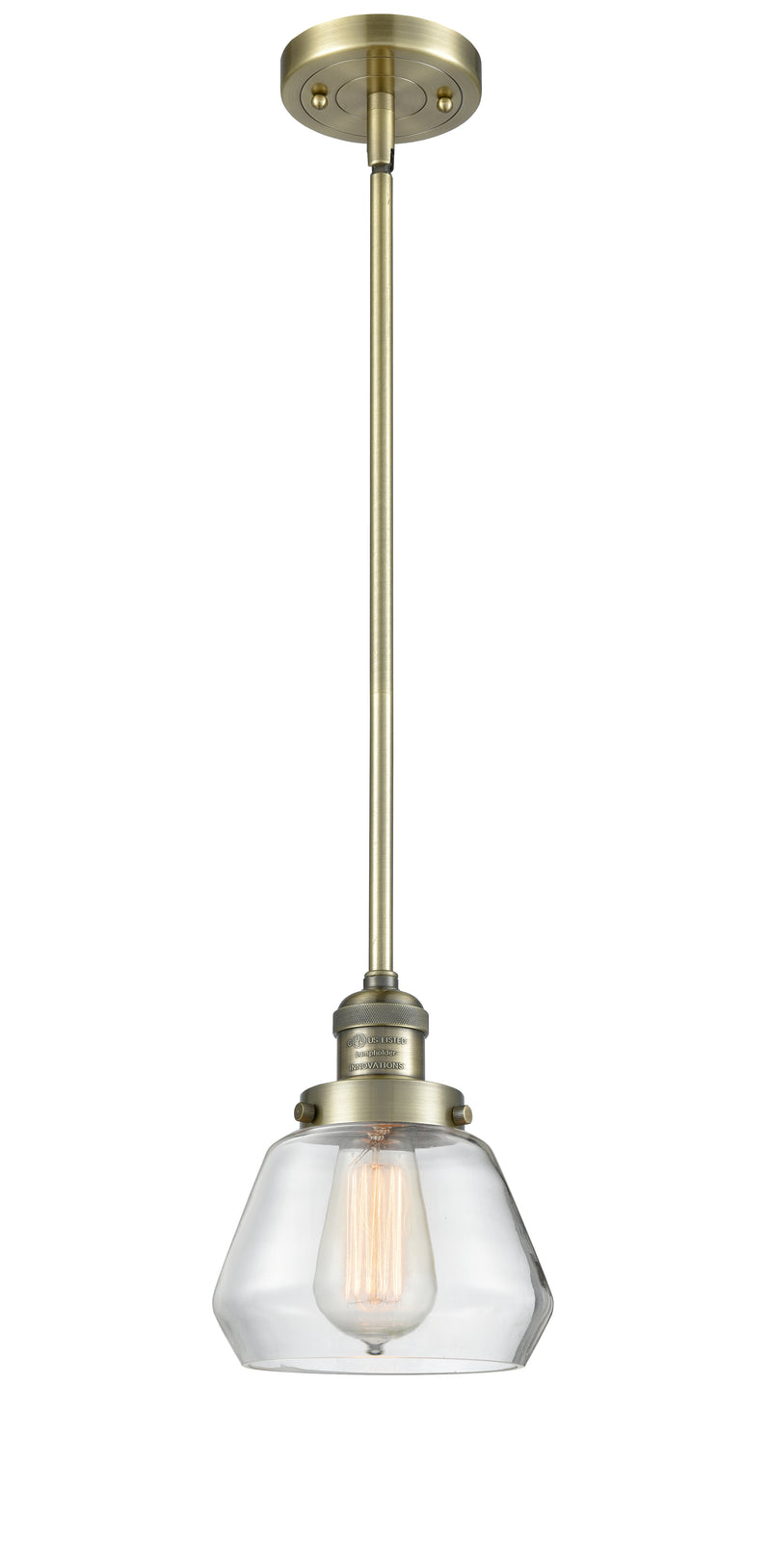 Innovations Lighting Fulton 1-100 watt 7 inch Antique Brass Mini Pendant with Clear glass and Solid Brass Hang Straight Swivel 201SABG172
