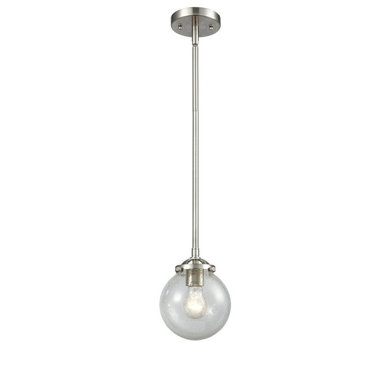Beacon Mini Pendant shown in the Brushed Satin Nickel finish with a Seedy shade