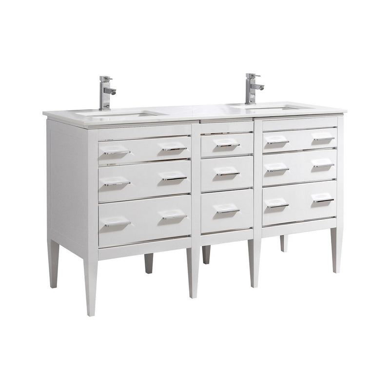 KubeBath Eiffel 60'' Double Sink High Gloss White Vanity with Quartz Counter Top E60-GW