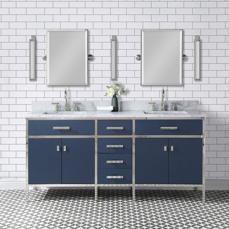 Water Creation Marquis 72" Double Sink Carrara White Marble Countertop Vanity in Monarch Blue MQ72CW01MB-000000000