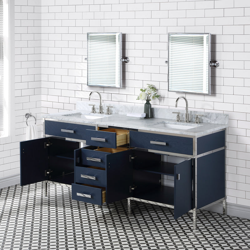 Water Creation Marquis 72" Double Sink Carrara White Marble Countertop Vanity in Monarch Blue MQ72CW01MB-000000000