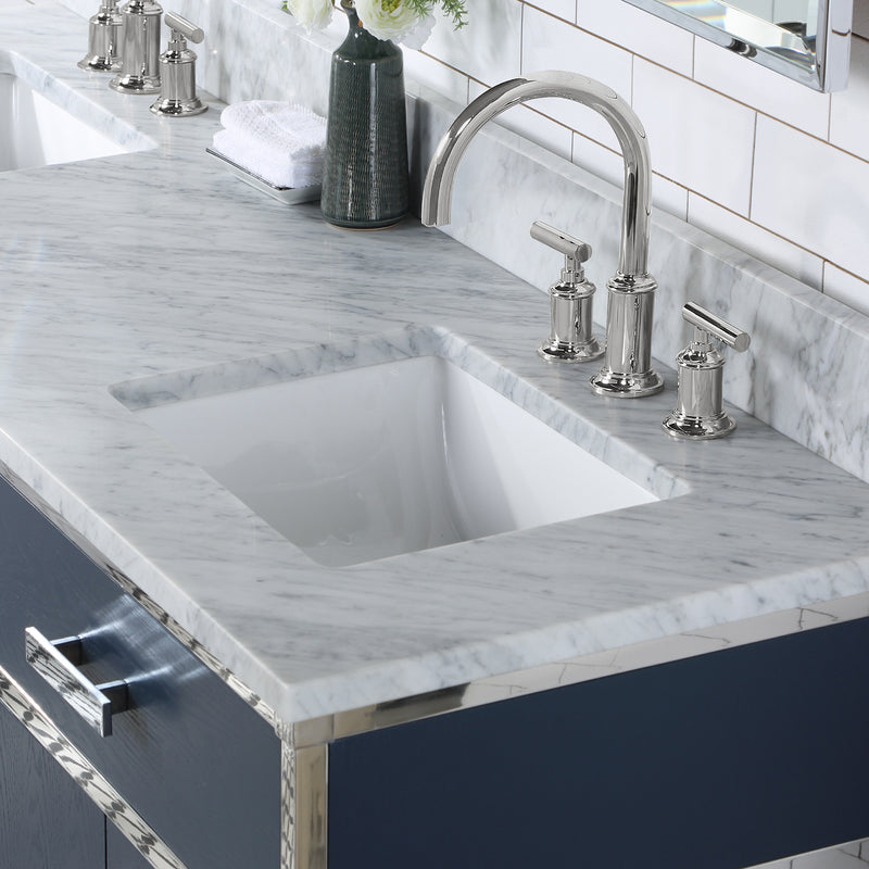 Water Creation Marquis 72" Double Sink Carrara White Marble Countertop Vanity in Monarch Blue MQ72CW01MB-000000000