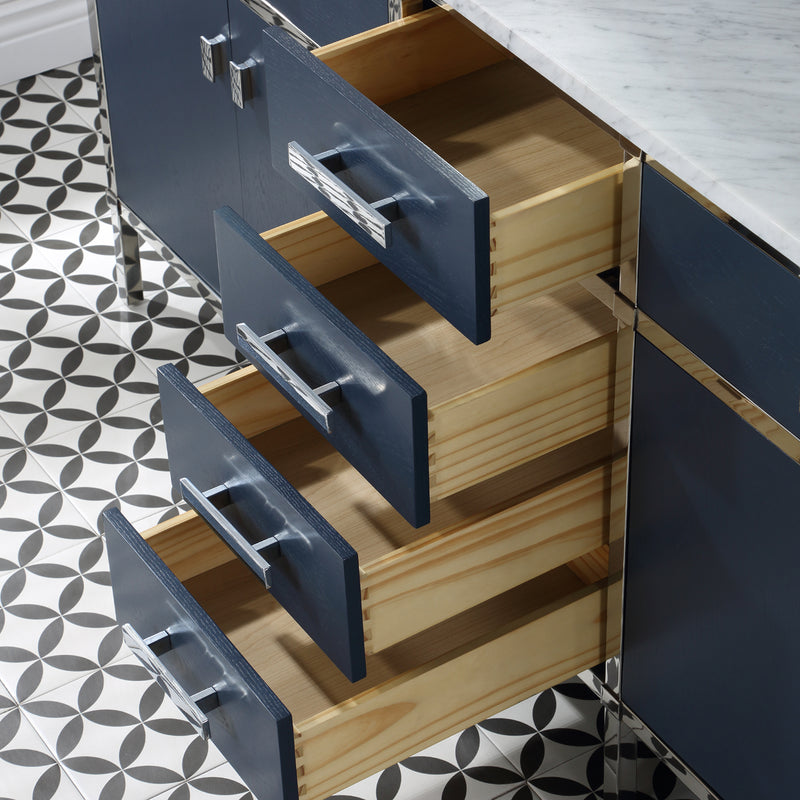 Water Creation Marquis 72" Double Sink Carrara White Marble Countertop Vanity in Monarch Blue MQ72CW01MB-000000000