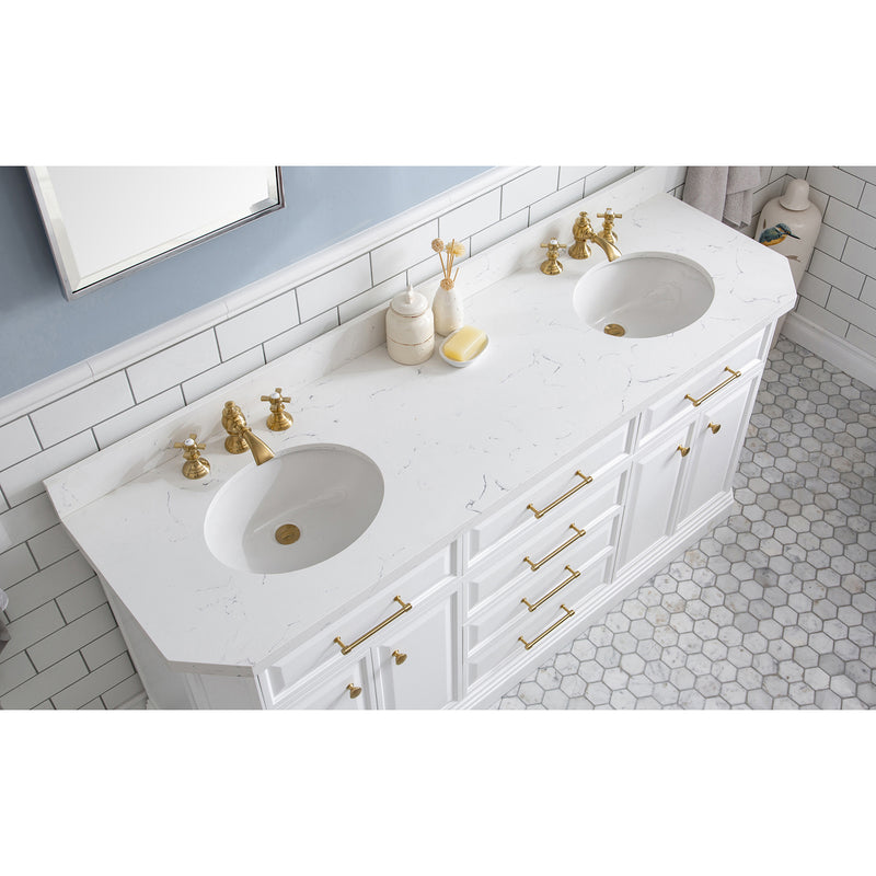 Water Creation 72" Palace Collection Quartz Carrara Pure White Bathroom Vanity Set with Hardware and F2-0013 Faucets in Satin Gold Finish and Only Mirrors in Chrome Finish PA72QZ06PW-E18FX1306