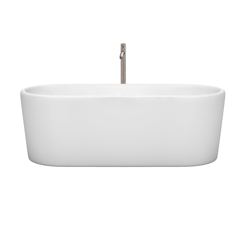 Wyndham Ursula 67" Soaking Bathtub in White Brushed Nickel Trim and Brushed Nickel Floor Mounted Faucet WCBTK151167ATP11BN